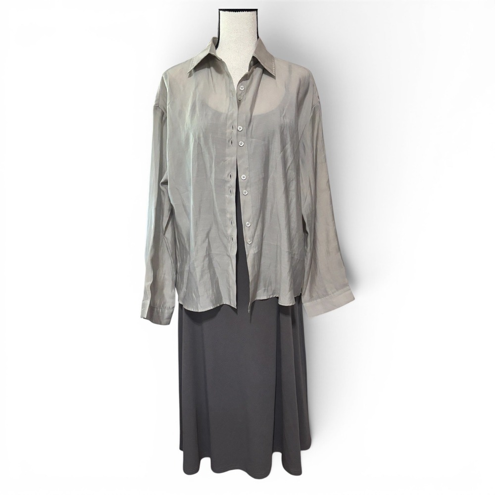 2 Pc Dress Set Gray Sheer Button Down Shirt & Twist Waist Midi Slip Dress Sz S